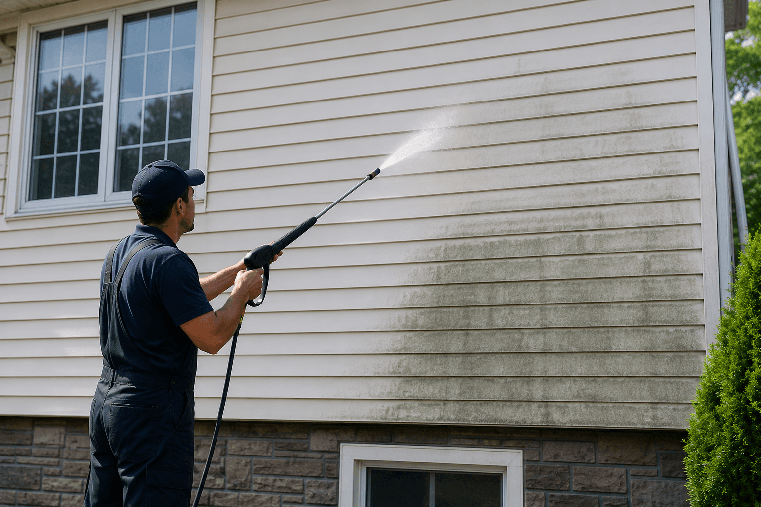Man in blue uniform pressure washing green grime off the light-colored siding of a house.